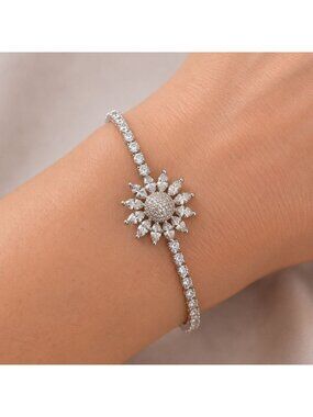 Swarovski Crystal Sunflower Bracelet Adjustable Tennis Sterling Overlay Slider